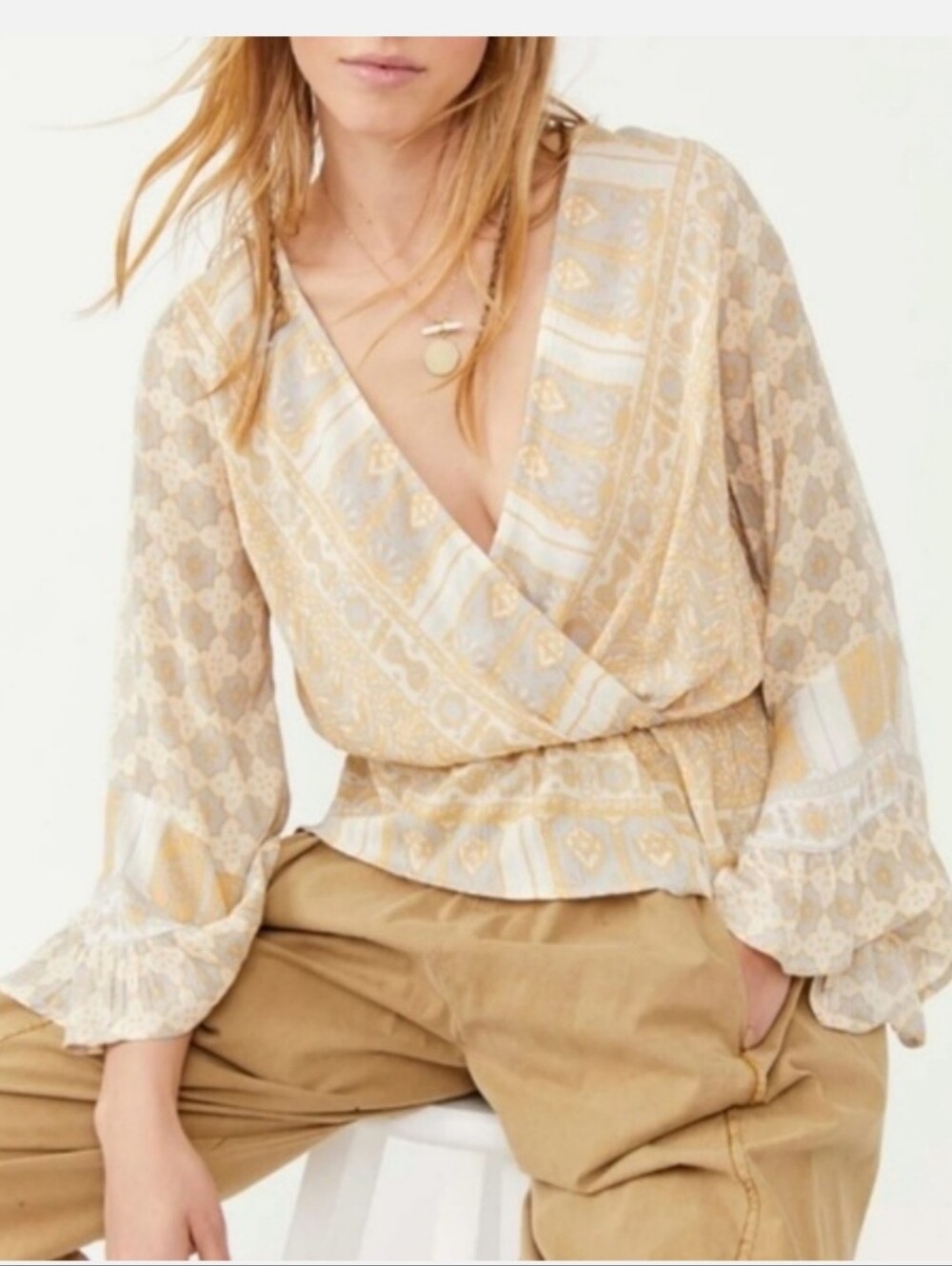 Free People Beige & Ivory Printed Wrap Blouse